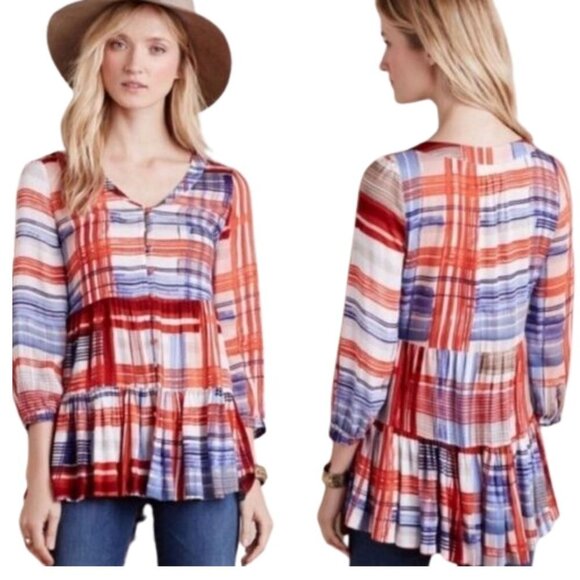 Anthropologie Maeve Plaid Lila Top Babydoll Tunic Blouse Oversized Tiered S - Picture 1 of 10